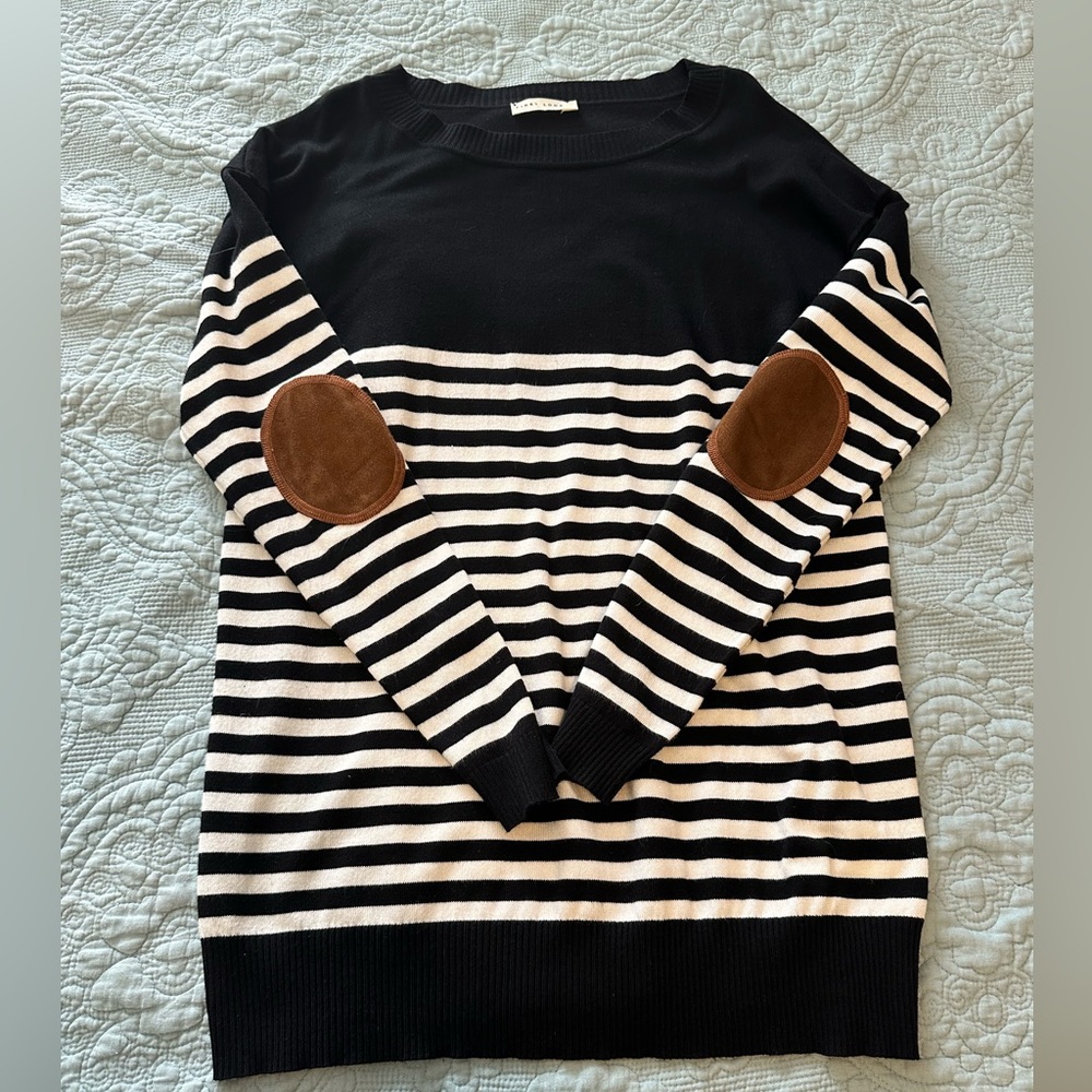 Black White Striped Sweater w Elbow Patches, Size XL